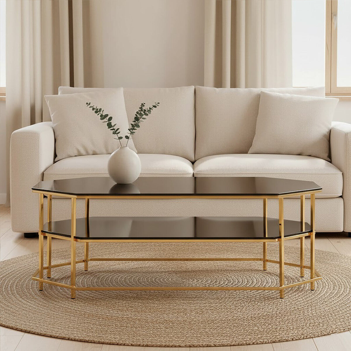 Black Tempered Glass Two-Tier Coffee Table With Warm Gold Stainless Steel Hexagonal Frame, Arezzo