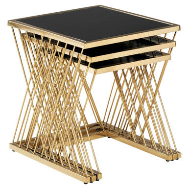 Set Of 3 Gold Stainless Steel Frame Nesting Tables With Black Glass Tops, Arezzo