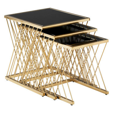 Set Of 3 Gold Stainless Steel Frame Nesting Tables With Black Glass Tops, Arezzo