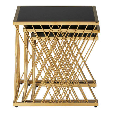 Set Of 3 Gold Stainless Steel Frame Nesting Tables With Black Glass Tops, Arezzo