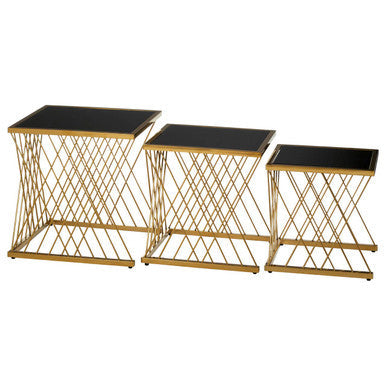 Set Of 3 Gold Stainless Steel Frame Nesting Tables With Black Glass Tops, Arezzo