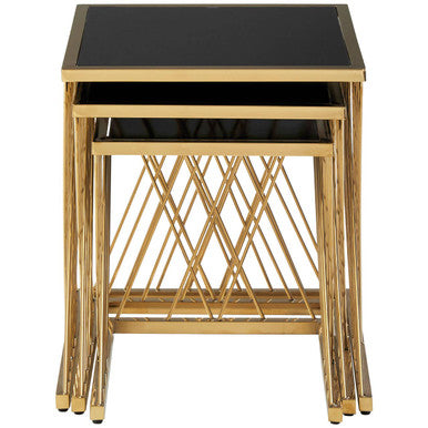 Set Of 3 Gold Stainless Steel Frame Nesting Tables With Black Glass Tops, Arezzo