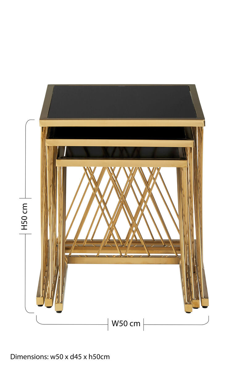 Set Of 3 Gold Stainless Steel Frame Nesting Tables With Black Glass Tops, Arezzo