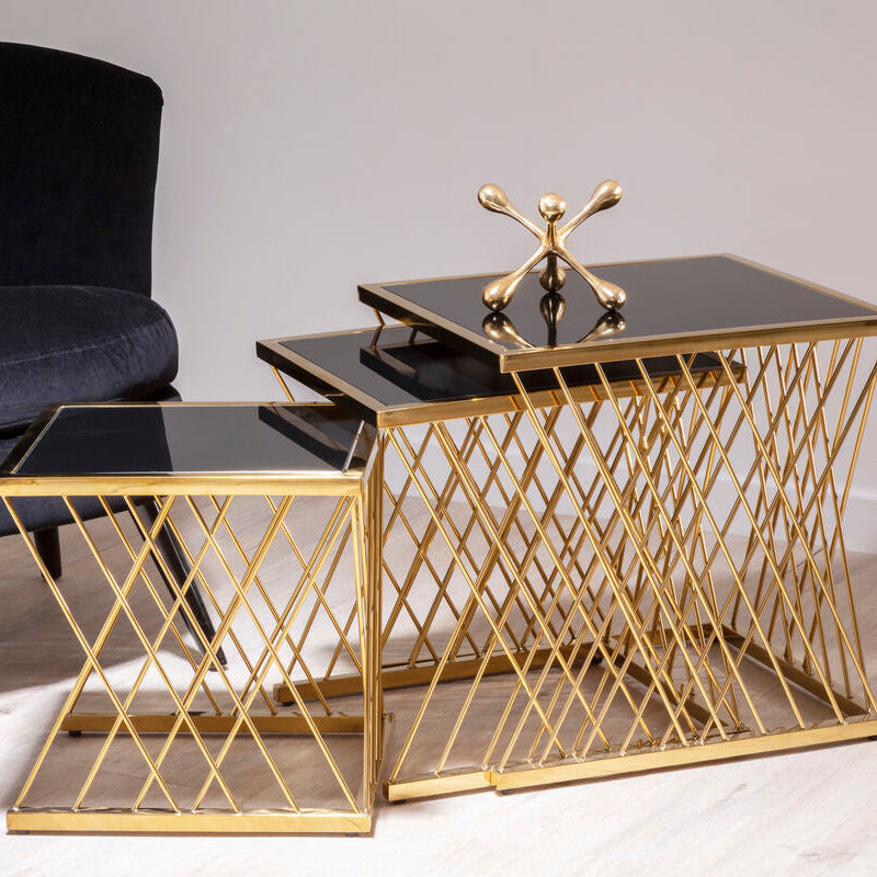 Set Of 3 Gold Stainless Steel Frame Nesting Tables With Black Glass Tops, Arezzo