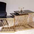 Set Of 3 Gold Stainless Steel Frame Nesting Tables With Black Glass Tops, Arezzo