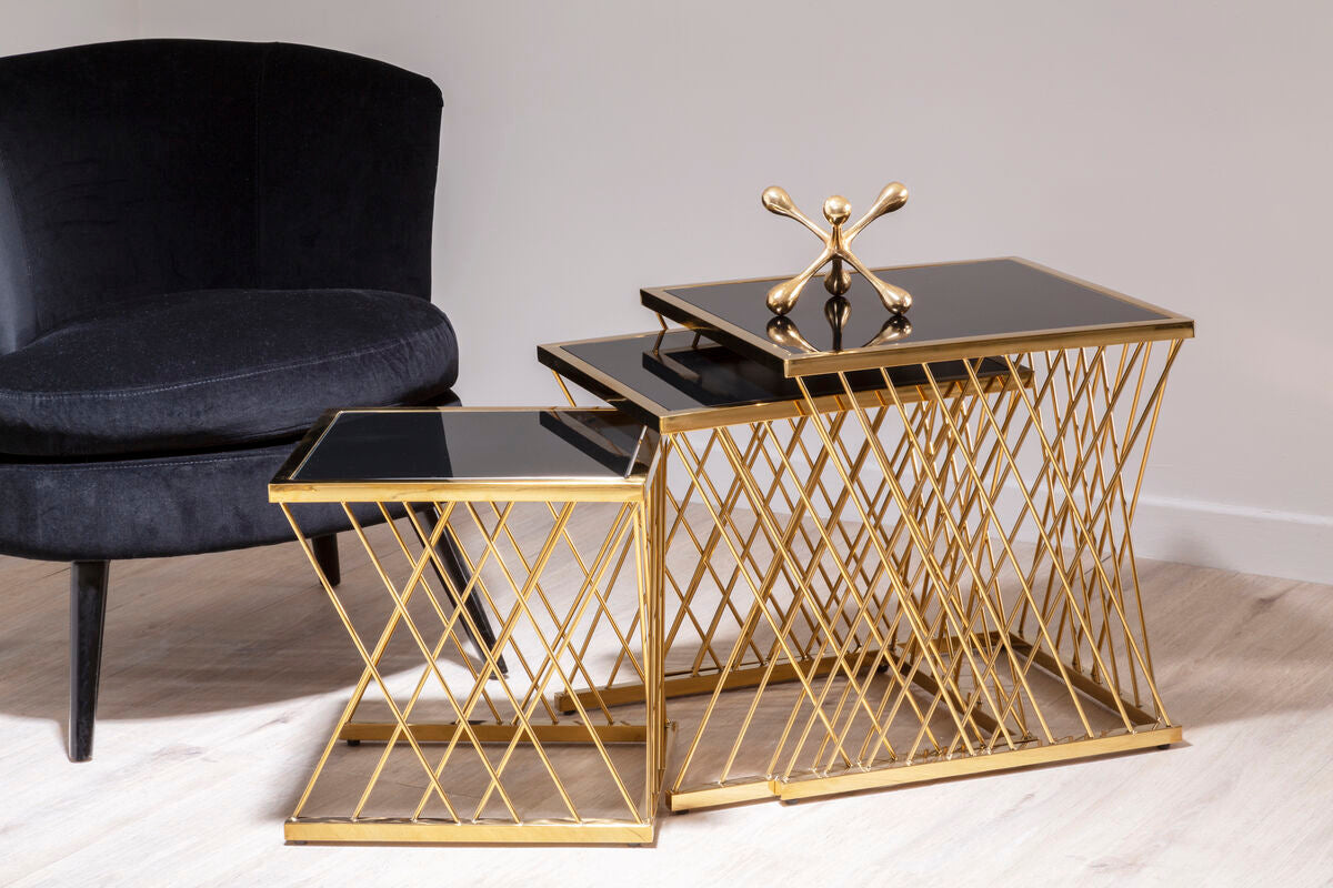 Set Of 3 Gold Stainless Steel Frame Nesting Tables With Black Glass Tops, Arezzo