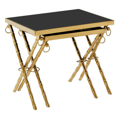 Set Of 2 Gold Stainless Steel Frame Nesting Tables With Black Glass Tops, Arezzo