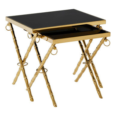 Set Of 2 Gold Stainless Steel Frame Nesting Tables With Black Glass Tops, Arezzo
