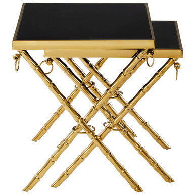 Set Of 2 Gold Stainless Steel Frame Nesting Tables With Black Glass Tops, Arezzo