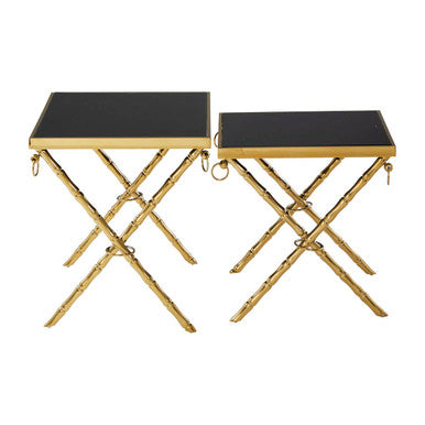 Set Of 2 Gold Stainless Steel Frame Nesting Tables With Black Glass Tops, Arezzo