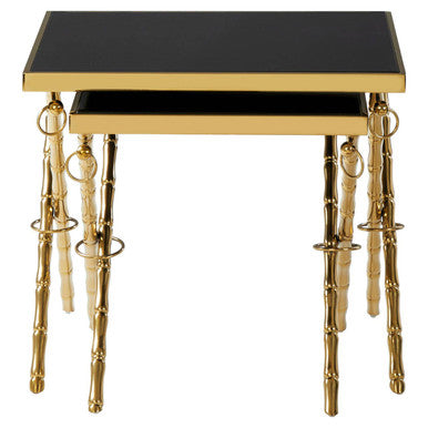Set Of 2 Gold Stainless Steel Frame Nesting Tables With Black Glass Tops, Arezzo