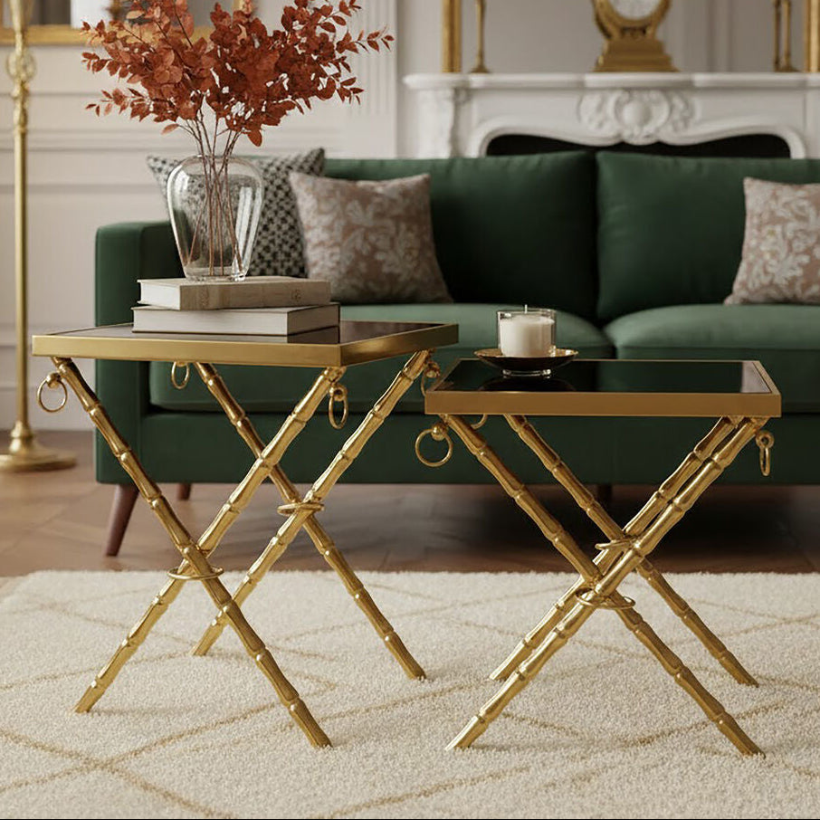 Set Of 2 Gold Stainless Steel Frame Nesting Tables With Black Glass Tops, Arezzo