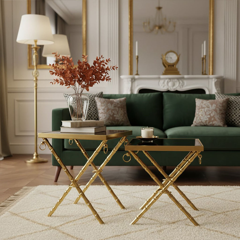 Set Of 2 Gold Stainless Steel Frame Nesting Tables With Black Glass Tops, Arezzo