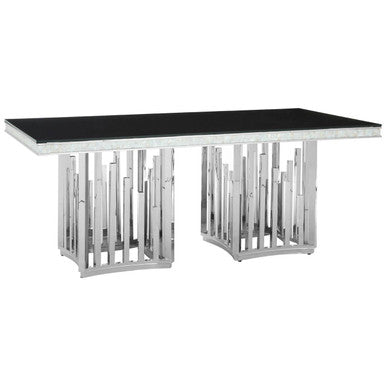 Rectangular Black Tempered Glass Top Dining Table With Silver Steel Frame, Eliza