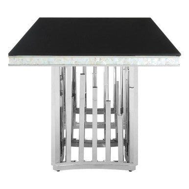 Rectangular Black Tempered Glass Top Dining Table With Silver Steel Frame, Eliza
