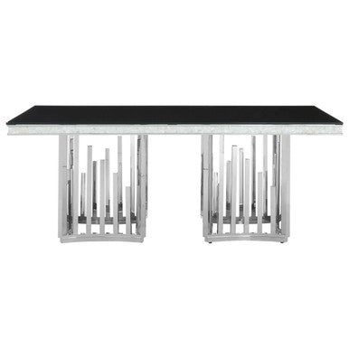 Rectangular Black Tempered Glass Top Dining Table With Silver Steel Frame, Eliza