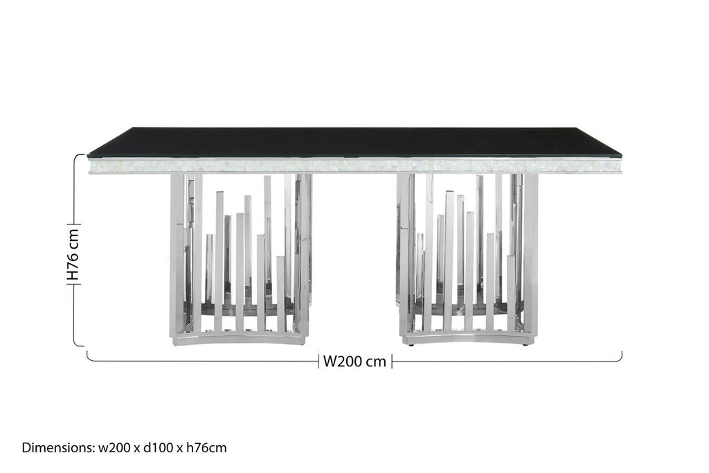 Rectangular Black Tempered Glass Top Dining Table With Silver Steel Frame, Eliza