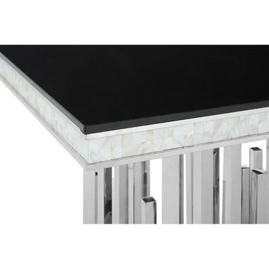 Rectangular Black Tempered Glass Top Dining Table With Silver Steel Frame, Eliza