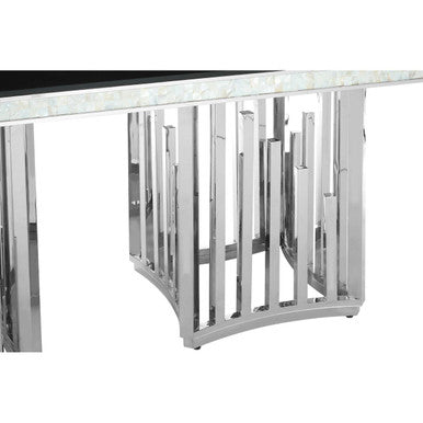 Rectangular Black Tempered Glass Top Dining Table With Silver Steel Frame, Eliza