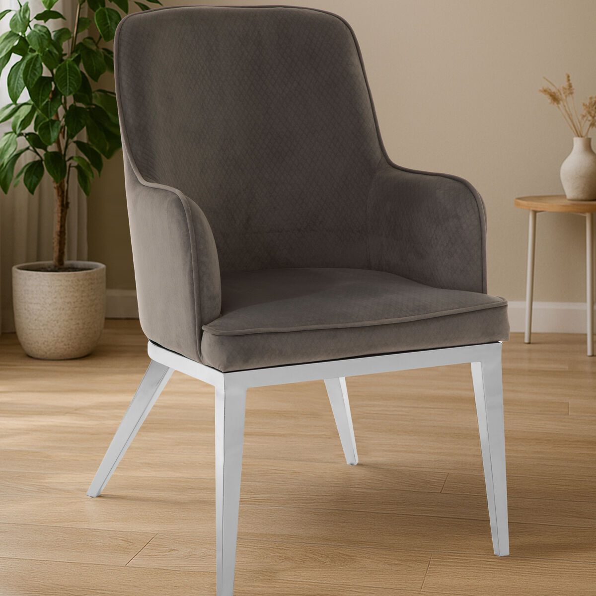 Eliza Grey Velvet Dining Chair With Silver Legs