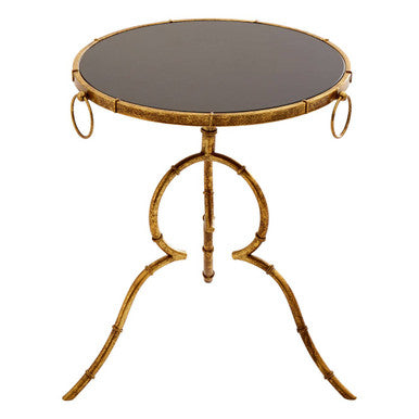 Black Tempered Glass Top Accent Table With Arabesque Quatrefoil Gold Metal Frame, Monroe