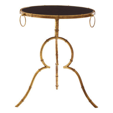 Black Tempered Glass Top Accent Table With Arabesque Quatrefoil Gold Metal Frame, Monroe