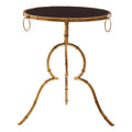 Black Tempered Glass Top Accent Table With Arabesque Quatrefoil Gold Metal Frame, Monroe