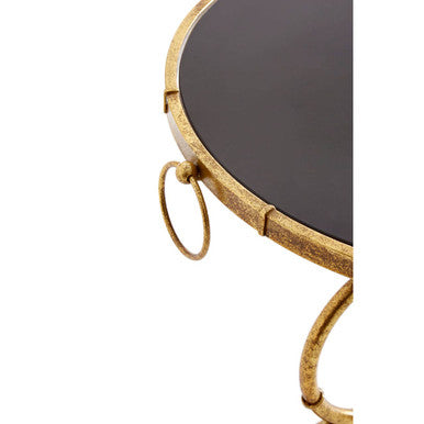 Black Tempered Glass Top Accent Table With Arabesque Quatrefoil Gold Metal Frame, Monroe