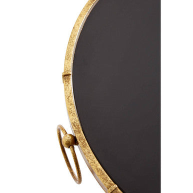 Black Tempered Glass Top Accent Table With Arabesque Quatrefoil Gold Metal Frame, Monroe