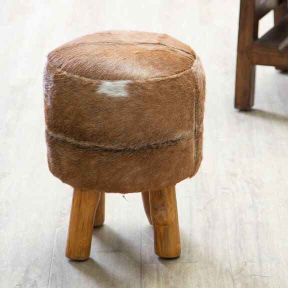 Inca Brown Goat Hide Hair On Leather Round Stool