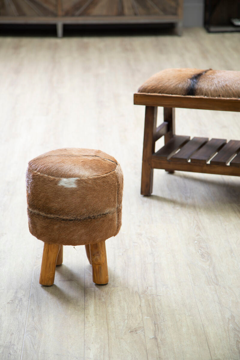 Inca Brown Goat Hide Hair On Leather Round Stool