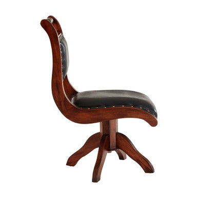 Inca Black Leather & Teak Wood Swivel Chair