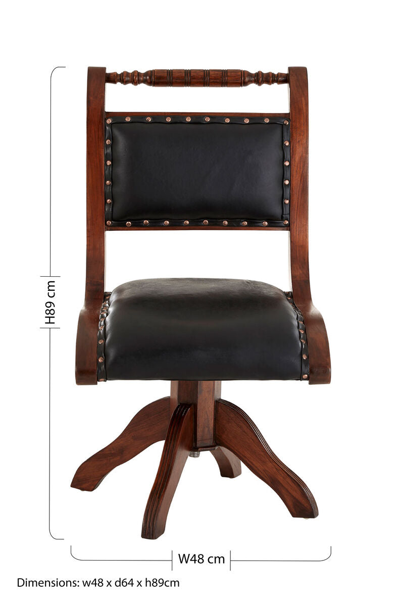 Inca Black Leather & Teak Wood Swivel Chair