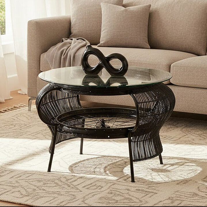 Clear Glass Top Table With Black Bamboo & Iron Frame, Mantis