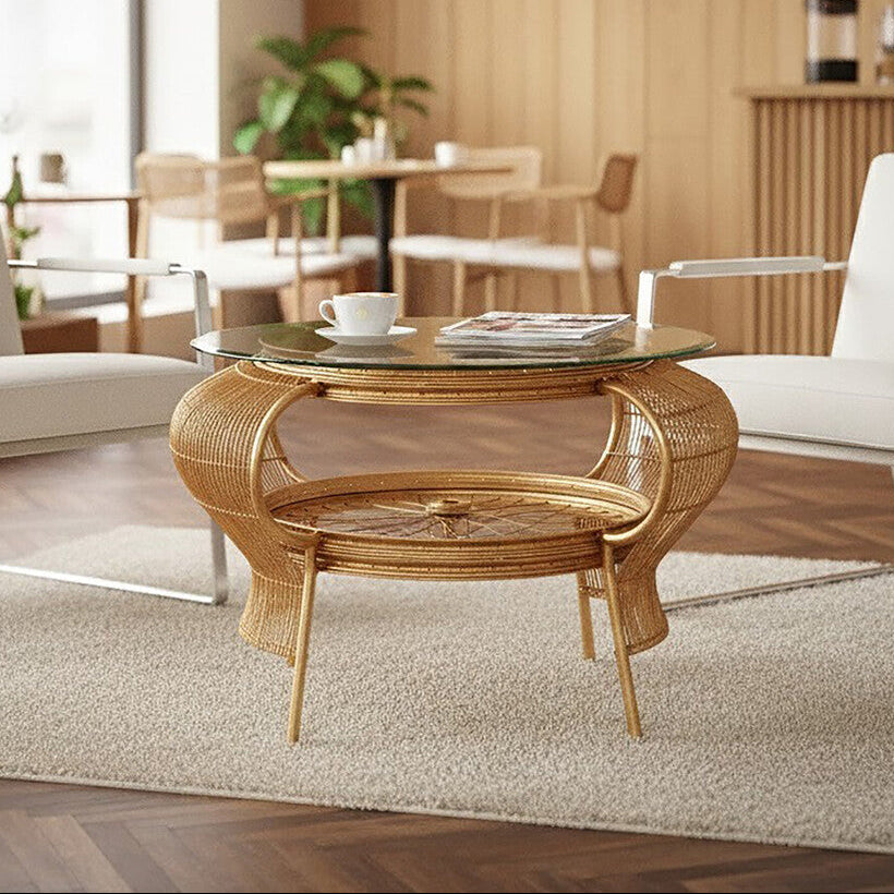 Clear Glass Top Table With Gold Bamboo & Iron Frame, Mantis