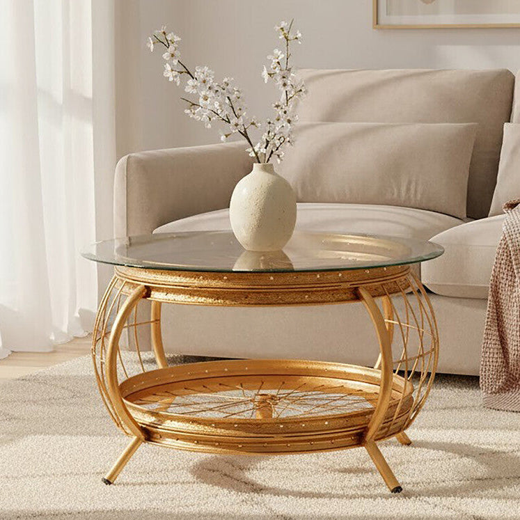 Clear Glass Top Coffee Table With Gold Bamboo & Iron Frame, Mantis