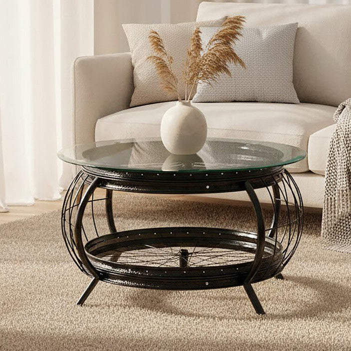 Clear Glass Top Coffee Table With Black Bamboo & Iron Frame, Mantis