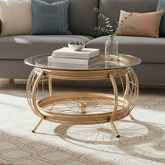 Clear Glass Top Coffee Table With Champagne Gold Bamboo & Iron Frame, Mantis