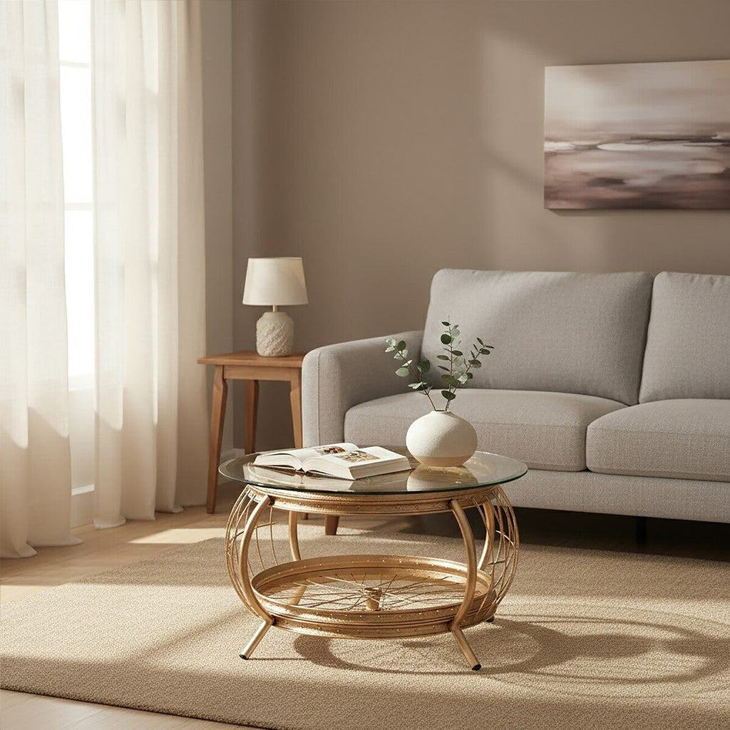 Clear Glass Top Coffee Table With Champagne Gold Bamboo & Iron Frame, Mantis