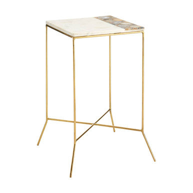 White Marble Top Square Side Table With Agate Inlay & Warm Brass Iron Legs, Vizzini