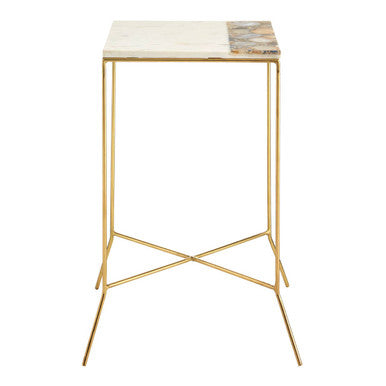 White Marble Top Square Side Table With Agate Inlay & Warm Brass Iron Legs, Vizzini