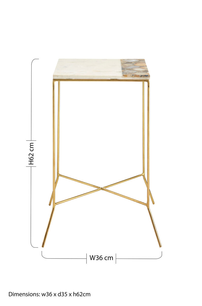 White Marble Top Square Side Table With Agate Inlay & Warm Brass Iron Legs, Vizzini