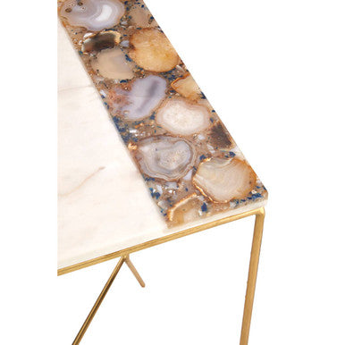 White Marble Top Square Side Table With Agate Inlay & Warm Brass Iron Legs, Vizzini