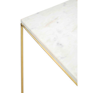 White Marble Top Square Side Table With Agate Inlay & Warm Brass Iron Legs, Vizzini