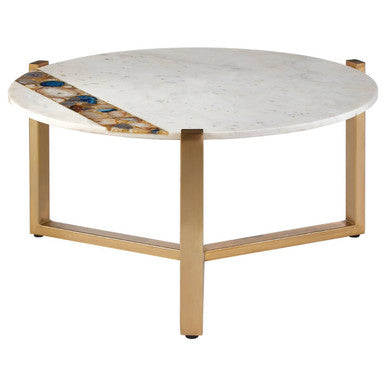 White Marble & Agate Top Round Coffee Table With Brass Iron Legs, Vizzini
