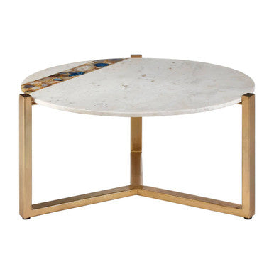 White Marble & Agate Top Round Coffee Table With Brass Iron Legs, Vizzini