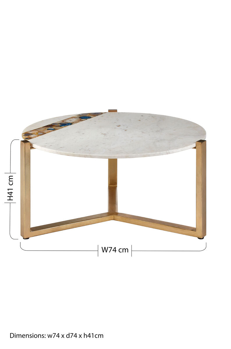 White Marble & Agate Top Round Coffee Table With Brass Iron Legs, Vizzini
