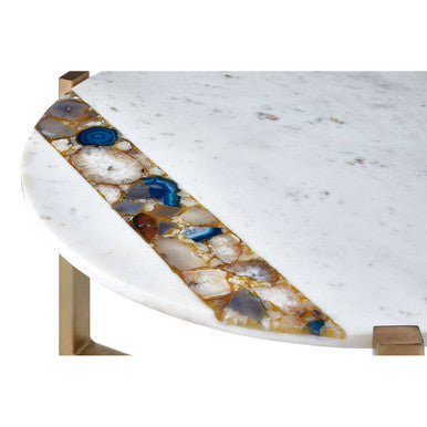 White Marble & Agate Top Round Coffee Table With Brass Iron Legs, Vizzini