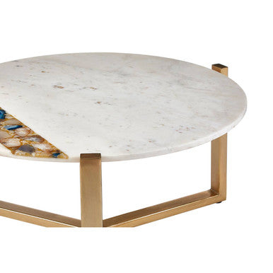 White Marble & Agate Top Round Coffee Table With Brass Iron Legs, Vizzini
