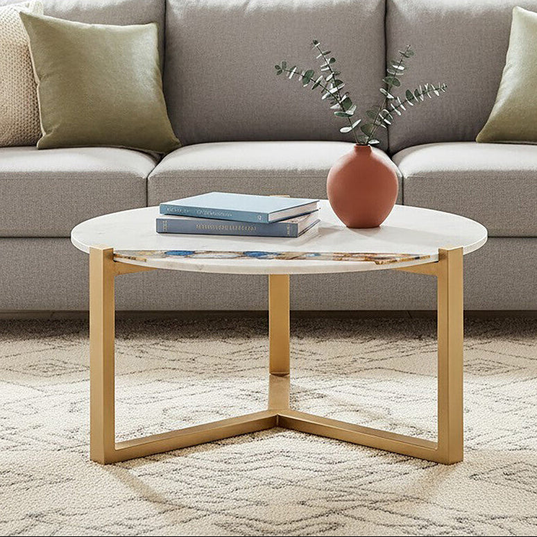 White Marble & Agate Top Round Coffee Table With Brass Iron Legs, Vizzini